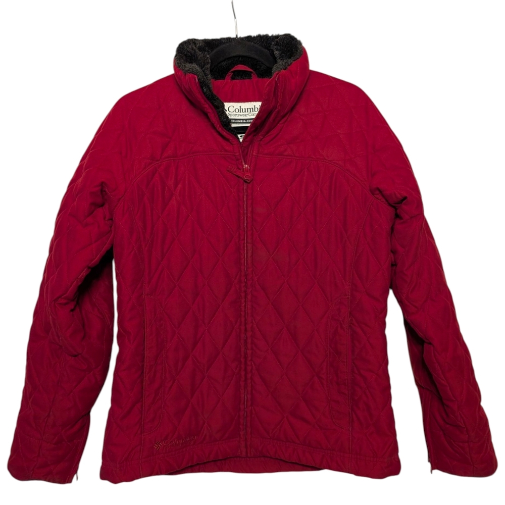 Columbia Women's Quilted Maroon Jacket | Size S | Black Faux Fur Collar Cozy